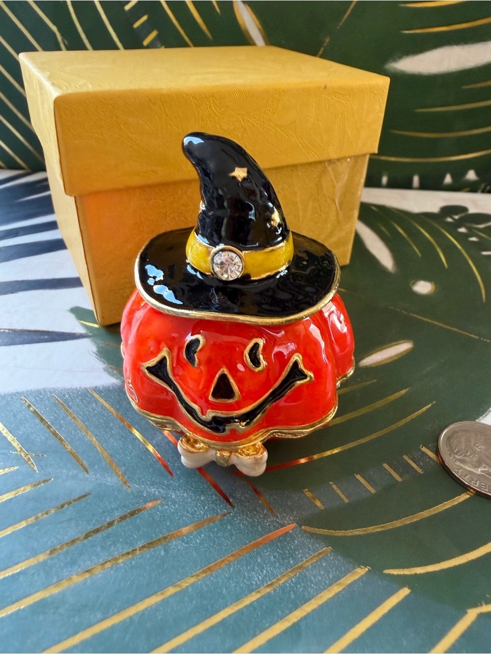 Halloween Jack O Lantern Pumpkin Witch Hat Enamel Trinket Box NIB - Picture 1 of 6